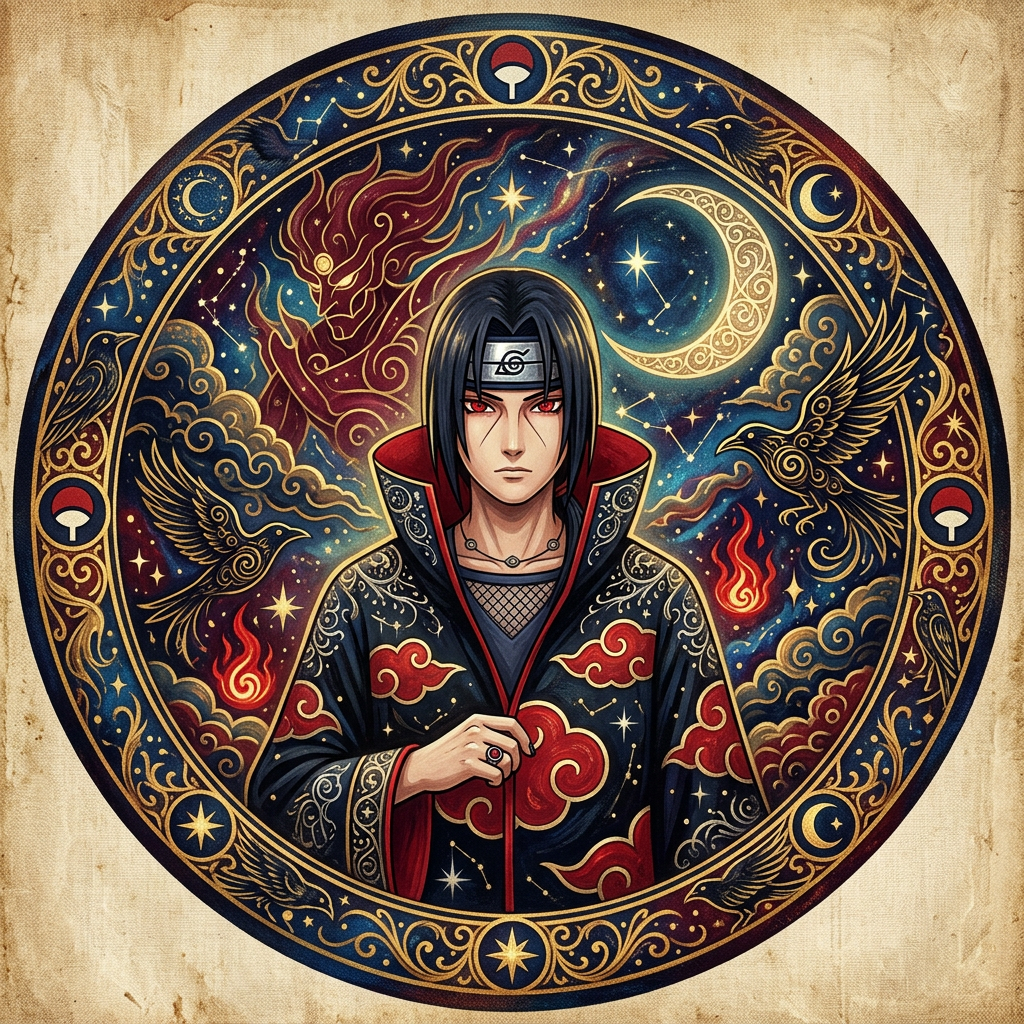 Forum avatar: ornate circular portrait of Itachi Uchiha in Akatsuki cloak, Sharingan headband, surrounded by crows, crescent moon, stars and swirling red flames.
