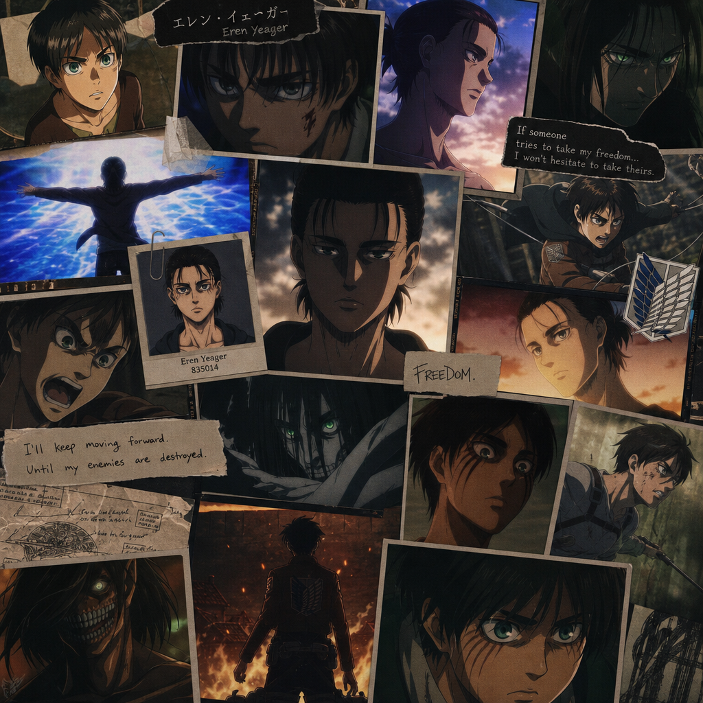 Dark, moody collage of Eren Yeager (Attack on Titan) scenes and expressions, composed as a dramatic forum avatar/pfp/profile photo.
