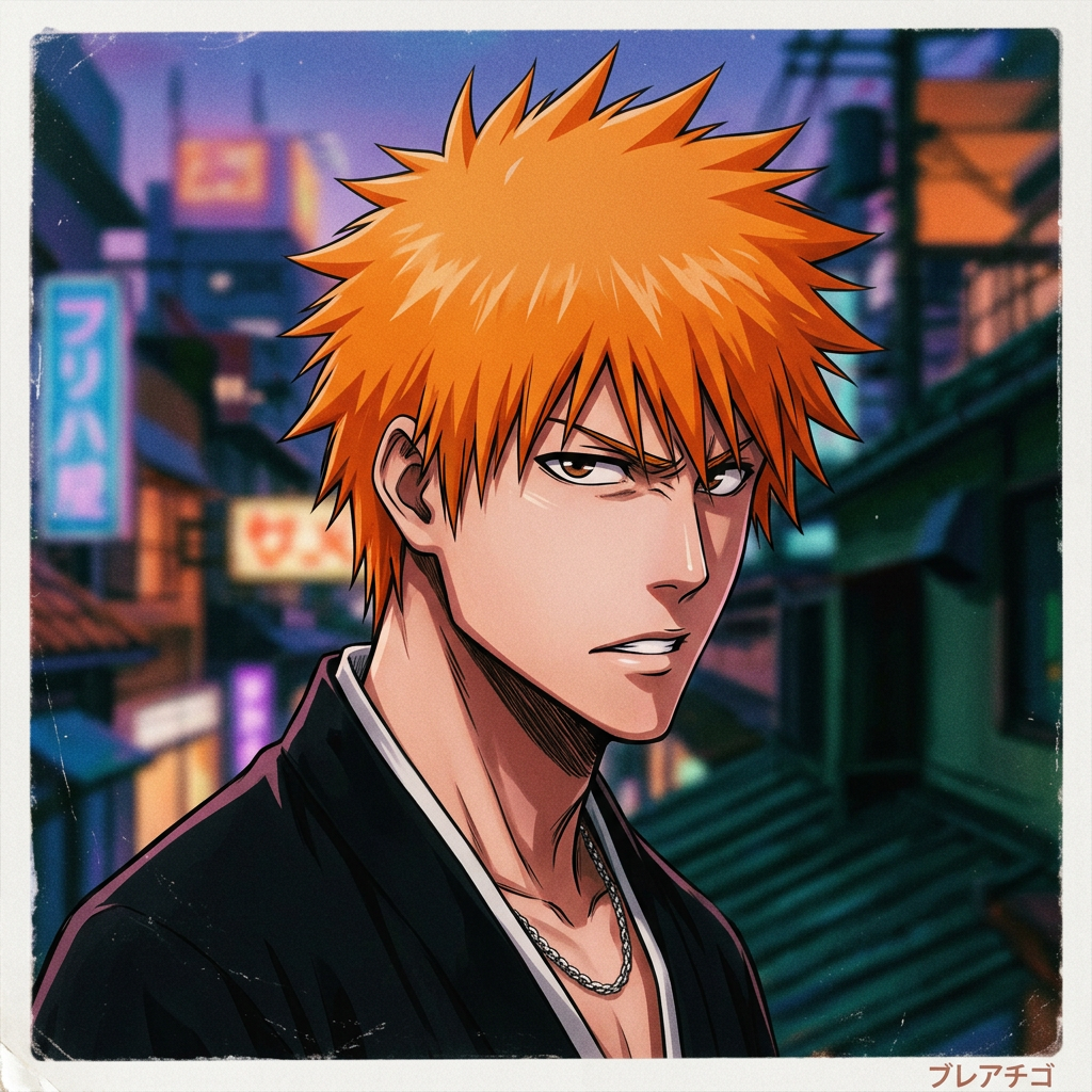 Bleach's Ichigo Kurosaki as a stylized forum avatar/pfp — orange hair, intense gaze against a neon-lit city street.