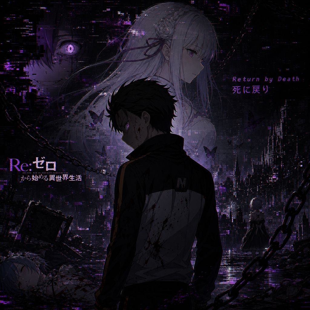 Re:Zero forum avatar: shadowed Subaru silhouette foreground, pale Emilia behind, glitchy purple eye and chains over a warped cityscape, text Return by Death.