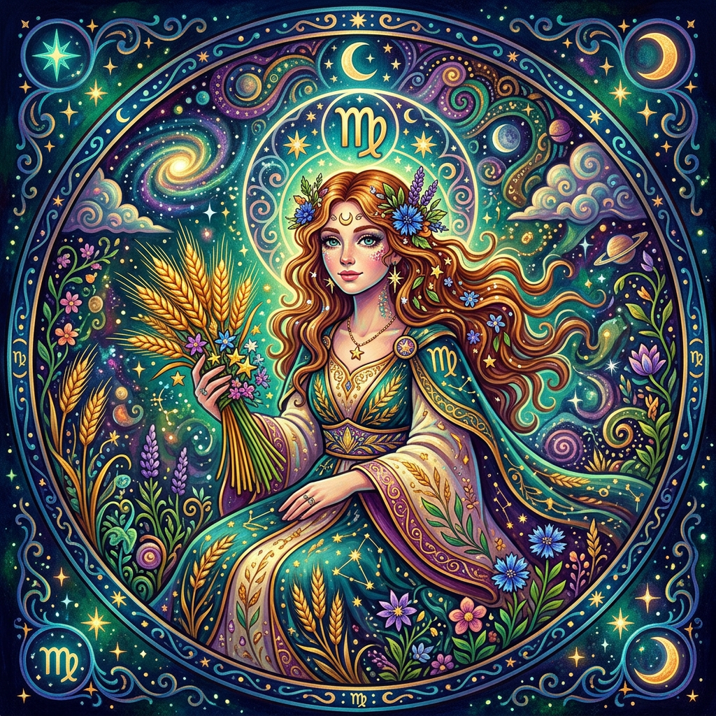 Cosmic ornate maiden holding wheat within a floral circle, Virgo glyphs visible — colorful mystical forum avatar/pfp representing Virgo (astrology).