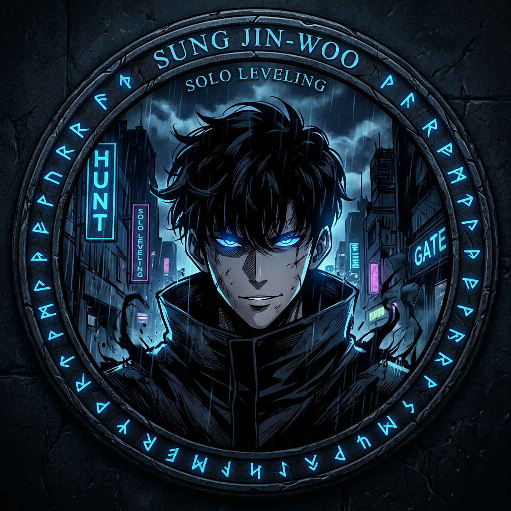 Solo Leveling forum avatar/pfp/profile photo of Sung Jin-Woo: hooded figure with glowing blue eyes, neon city backdrop, circular rune frame and glowing HUNT/GATE signs.