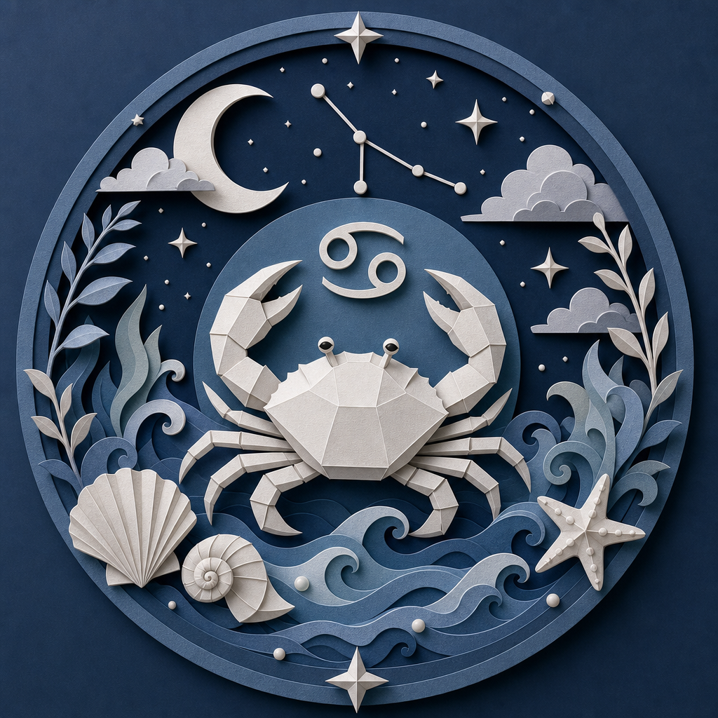 Forum avatar: paper-cut Cancer astrology crab and glyph inside a circular blue scene with moon, constellation, stars, shells and rolling waves.