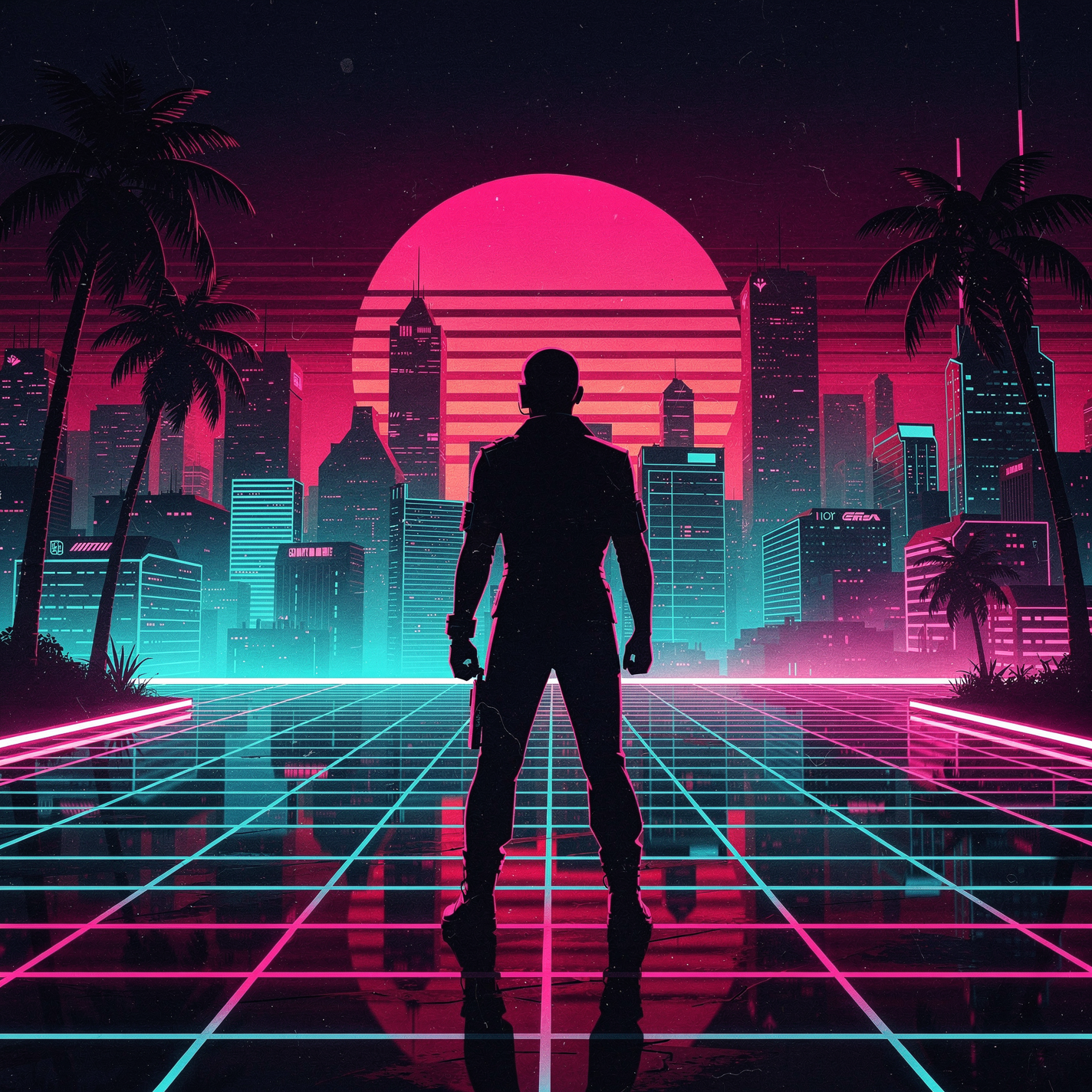 Outrun forum avatar/pfp: silhouetted figure on a neon grid facing a retro-futuristic city and magenta sun, palm trees framing the skyline.