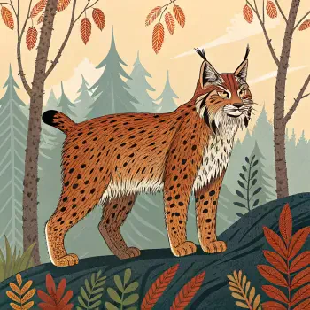 Stylized lynx forum avatar standing on a forest rock with autumn leaves and pine trees in the background — profile picture illustration.