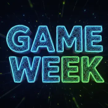 Forum avatar/profile photo: glowing 3D neon text GAME WEEK in blue and green on a dark, starfield-like background.