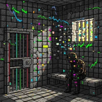 Pixel-art jail cell profile avatar: a lone silhouetted figure sits on a bench beneath a barred window, glitchy neon pixels scattered across the stone walls.