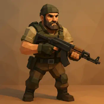 Stylized mercenary forum avatar/pfp — bearded, armored soldier gripping an assault rifle in a low‑poly art style.