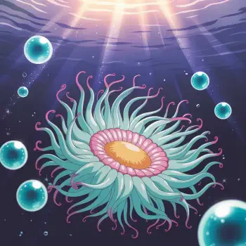 Whimsical underwater anemone with teal and pink tentacles, golden center, sunbeams and bubbles — a vibrant forum avatar/pfp/profile photo.