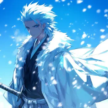 Profile avatar of Tōshirō Hitsugaya (Bleach) — anime portrait with icy blue sky, falling snow, white fur-trimmed coat and sword.