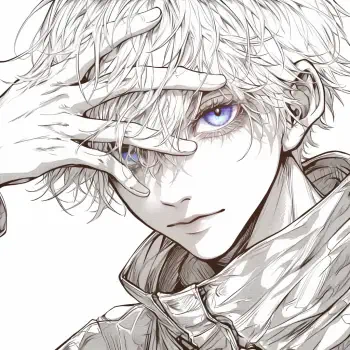 Manga-style portrait of Satoru Gojo (Jujutsu Kaisen), blue eyes peeking through tousled white hair, hand half-covering face — stylized forum avatar/pfp.