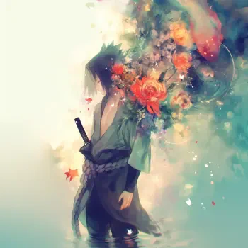 Sad Naruto fan art of Sasuke Uchiha as a forum avatar: he stands with sword while colorful flowers and mist erupt from his head.
