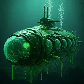 Stylized green biofilm-coated sci-fi submarine with glowing cockpit and rising bubbles, presented as a forum avatar/profile photo.