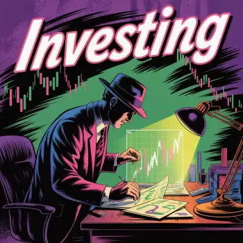 Forum avatar: retro comic-style figure in a fedora at a desk, studying glowing stock charts under a lamp, with large Investing title across the top.