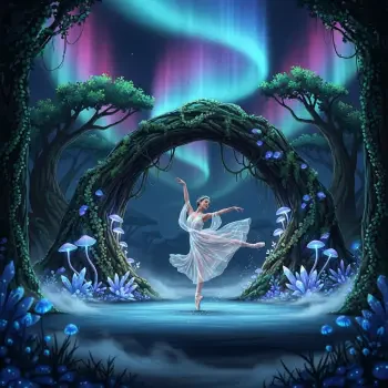 Forum avatar/pfp: a ballet dancer in a flowing white tutu poses en pointe beneath a glowing vine arch in an enchanted forest with blue mushrooms and northern‑lights sky.