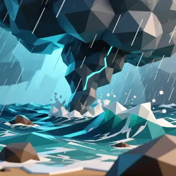 Low-poly ocean storm forum avatar: jagged teal waves, driving rain and a twisting storm funnel rendered as a stylized profile image.
