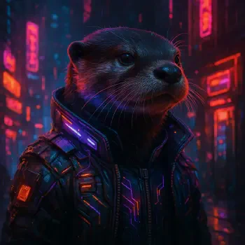Stylized cyberpunk otter in a glowing tech jacket with neon city lights behind — a bold forum avatar/pfp/profile photo.