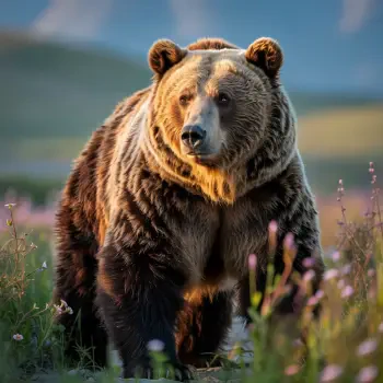 Forum avatar/pfp: grizzly bear close-up standing in a wildflower meadow, bathed in warm golden-hour light.