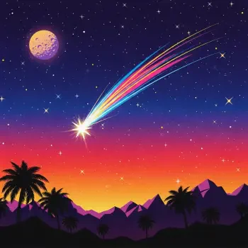 Vivid forum avatar showing a rainbow shooting star streaking across a starry sunset sky above silhouetted palms and mountains, with a glowing moon.