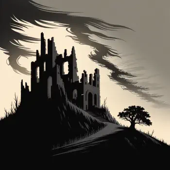 Moody silhouette of a ruined castle on a hill with swirling clouds and a lone tree, rendered as a dark forum avatar/pfp.