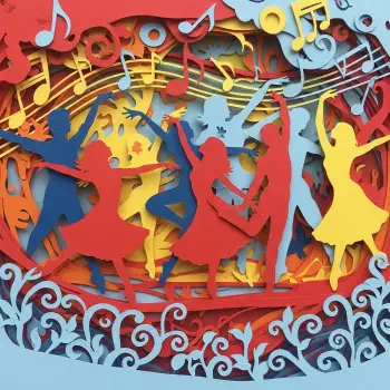 Colorful paper-cut dancers and musical notes arranged in layered circles — vibrant forum avatar/pfp/profile photo.