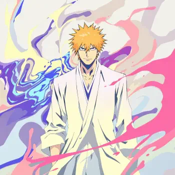 Bleach forum avatar: Ichigo Kurosaki in a white kimono, surrounded by blue and pink swirling energy — stylized profile picture.