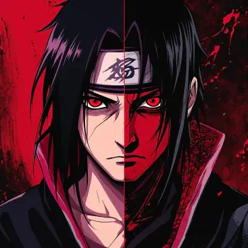 Split close-up portrait of Itachi Uchiha with glowing red Sharingan eyes against a red-black background, presented as a dramatic forum avatar/profile photo.