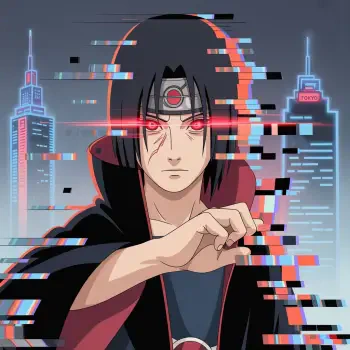 Forum avatar of Itachi Uchiha with red Sharingan eyes, glitch effects and neon city skyline — close-up pfp showing his Akatsuki cloak and headband