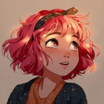 Stylized forum avatar of a young woman with short pink hair and a headband, warm expression and bright eyes looking upward.