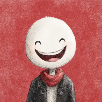 Happy, smiling round-headed avatar wearing a red scarf and dark jacket against a textured red background — forum profile picture.
