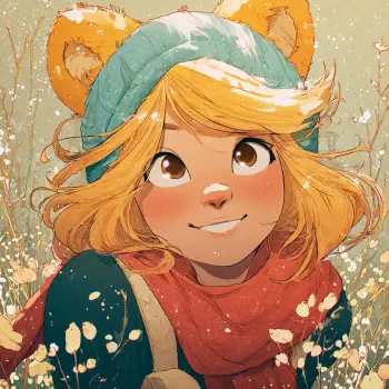 Whimsical illustrated woman avatar: smiling with golden hair and fox-like ears, teal knit hat, red scarf, snow-dusted cheeks — forum profile photo.