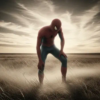 Forum avatar/profile photo of Spider-Man crouched in windswept grass under a dramatic, cloudy sky, rendered in moody, desaturated tones.