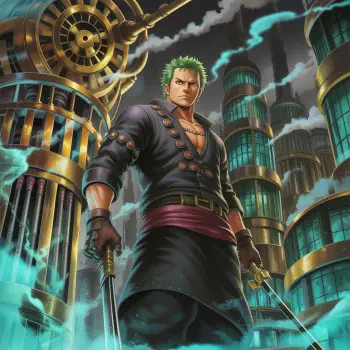 Forum avatar of Roronoa Zoro standing amid stormy, teal-lit industrial towers, green hair, three swords at the ready and a determined expression.