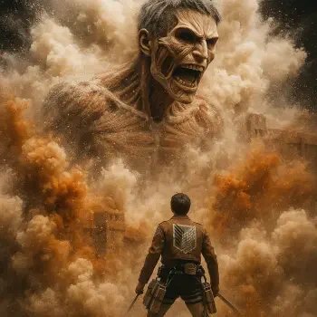 Attack on Titan forum avatar/pfp: Survey Corps soldier stands with blades drawn as a towering Colossal Titan rises from clouds of dust.
