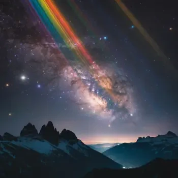 Forum avatar showing the Milky Way arcing above jagged mountain silhouettes, with rainbow light streaks cutting through a dense, star-filled night sky.