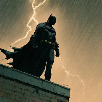 Forum avatar: Stylized Batman stands on a rain-swept rooftop, cape billowing as lightning streaks across a stormy sky.
