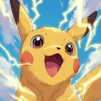 Forum avatar/pfp of Pikachu from Pokémon, exuberant and smiling as yellow sparks of electricity flash around it against a bright blue sky.