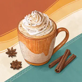 Forum avatar — illustrated pumpkin spice latte in an orange mug topped with whipped cream and warm spices, flanked by cinnamon sticks and star anise.