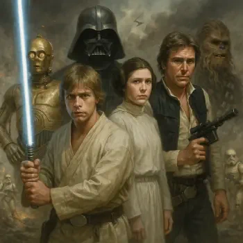 Star Wars forum avatar/pfp showing Luke with lightsaber, Leia, Han, Chewbacca, C-3PO, and Darth Vader looming behind.