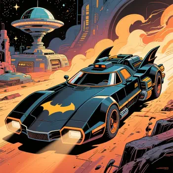 Stylized Batmobile forum avatar/pfp: sleek black bat-emblazoned car racing across a retro-futuristic alien landscape beneath a starry sky.