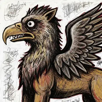 Hand-drawn, fierce griffin with a sharp beak, wide eye and raised wing in rough ink and color strokes, presented as a bold forum avatar/pfp.