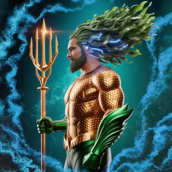Aquaman forum avatar: side-profile in gold scaled armor holding a trident, green gauntlets and seaweed-like hair against a swirling ocean-blue background.