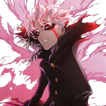 Anime forum avatar in Dandadan style: defiant character with wild white-pink hair and a swirling pink aura, aura-farming energy; image tagged Ken Takakura.