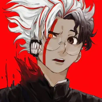 Anime Dandadan forum avatar: split white-and-black hair, one glowing red eye with a vertical streak, round glasses, dark uniform against a vivid red background.