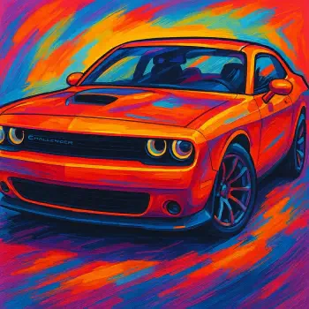 Colorful, painterly Dodge Challenger in bright orange and purple tones, rendered as a bold forum avatar/profile photo.
