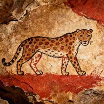 Stylized leopard painted on textured cave rock in warm reds and browns, presented as a forum avatar/pfp.