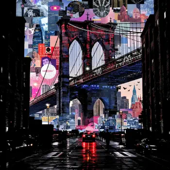 Stylized night view of the Brooklyn Bridge over a neon collage cityscape, bold colorful artwork used as a forum avatar/pfp.