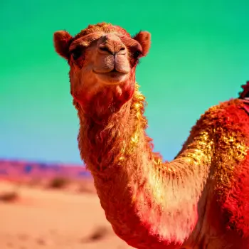 Forum avatar/pfp of a decorated camel — close-up profile with red and gold-tinged fur against a bright turquoise desert sky.