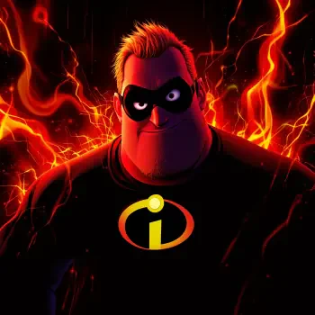 Forum avatar/pfp of Mr. Incredible from The Incredibles — masked, broad-shouldered hero in a black suit with glowing i emblem, surrounded by fiery red-orange energy.