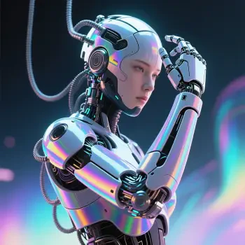 Iridescent humanoid with a visible cybernetic arm and cables, posed thoughtfully as a stylized forum avatar/profile photo.